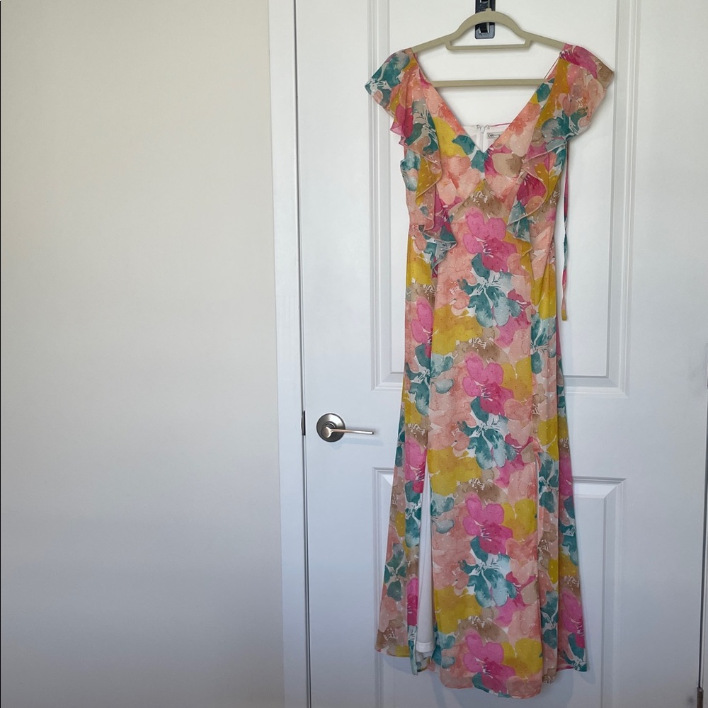 Floral Ruffle V-Neck Maxi Dress in Pink & Yellow